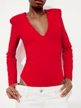 Zara Red V-Neck Bodysuit S Long Sleeve Stretch Shoulder Pads Sexy Colorful